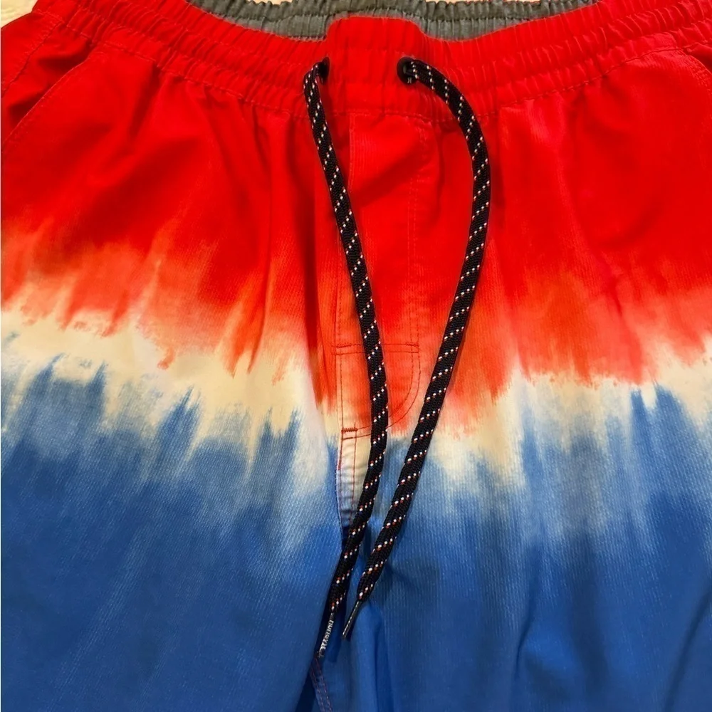 Hurley Mens Reveal Volley Red white & blue tie dye look Swim Trunks L